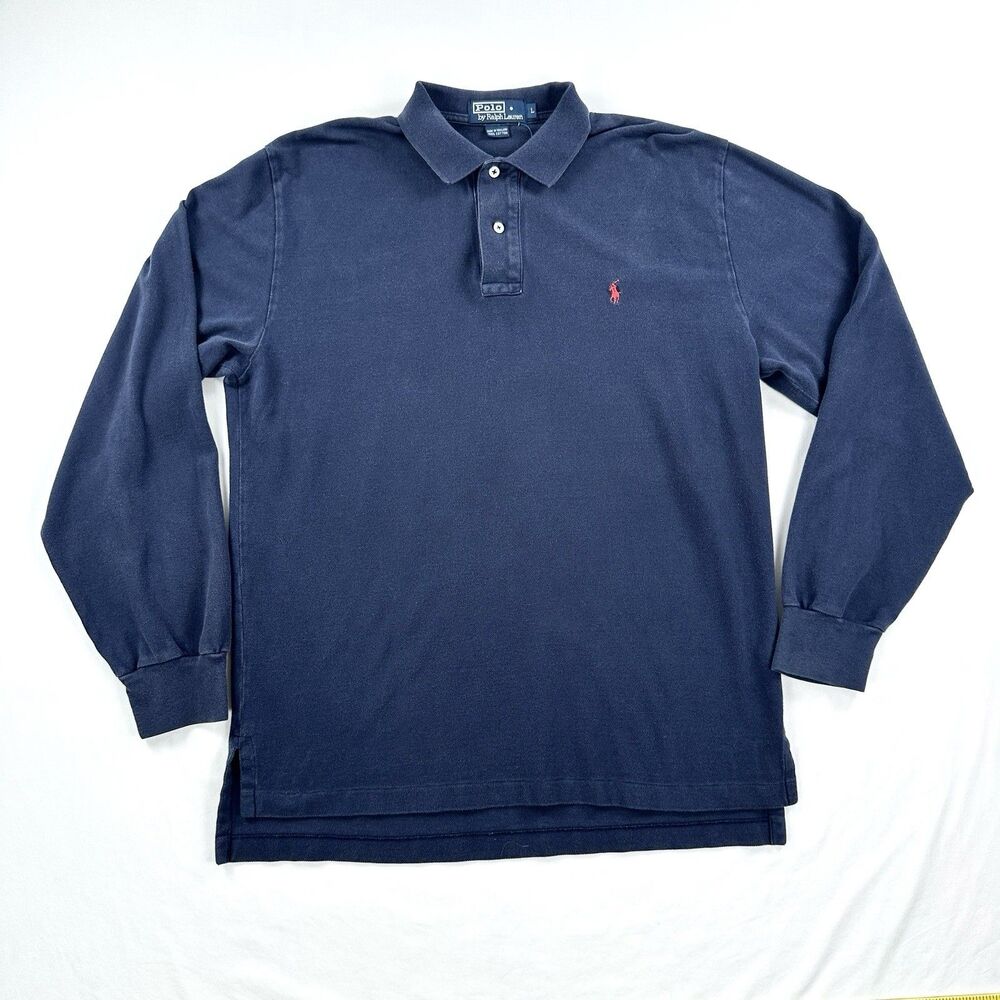Polo Ralph Lauren Long Sleeve Polo Shirt Mens Large Blue Pique Knit Preppy Class